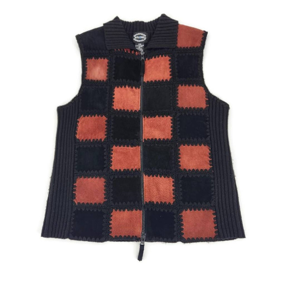Vintage Designer Studio Originals Womens Sweater Vest Black Patchwork Leather PM - Picture 1 of 5